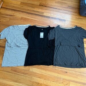 Short Sleeve Nursing Tops Black, Charcoal Gray, and Light Gray and White Striped